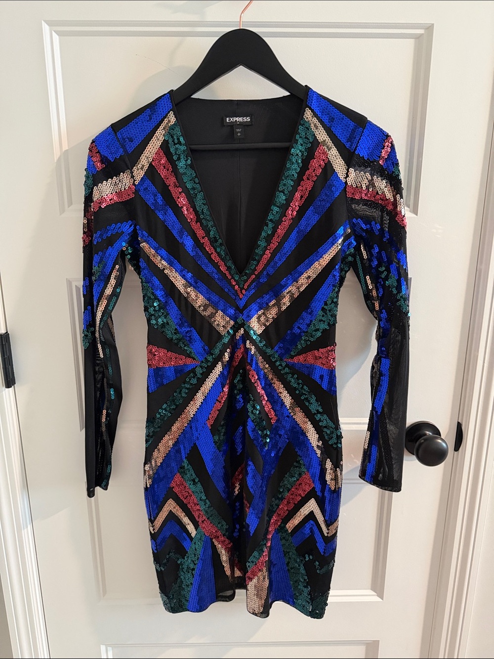 Express Black Multicolor Sequin V-Neck Long Sleeve Dress